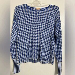 Kier + J 100% Cashmere Sweater | Blue and White Houndsthooth print | Size xl